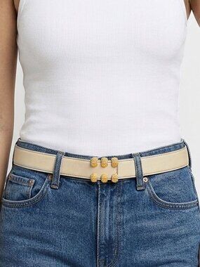 Vintage TILLA Leather Belt Gold Studded Claw Pin Buckle Italy 80s Cream Beige